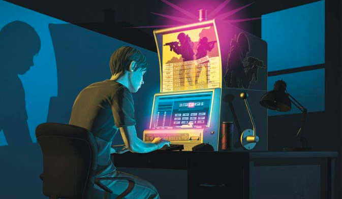 This illustration of a gamer at his desk playing Counter-Strike is the lead-in to a piece about Trevor Martin and Tom Cassell.